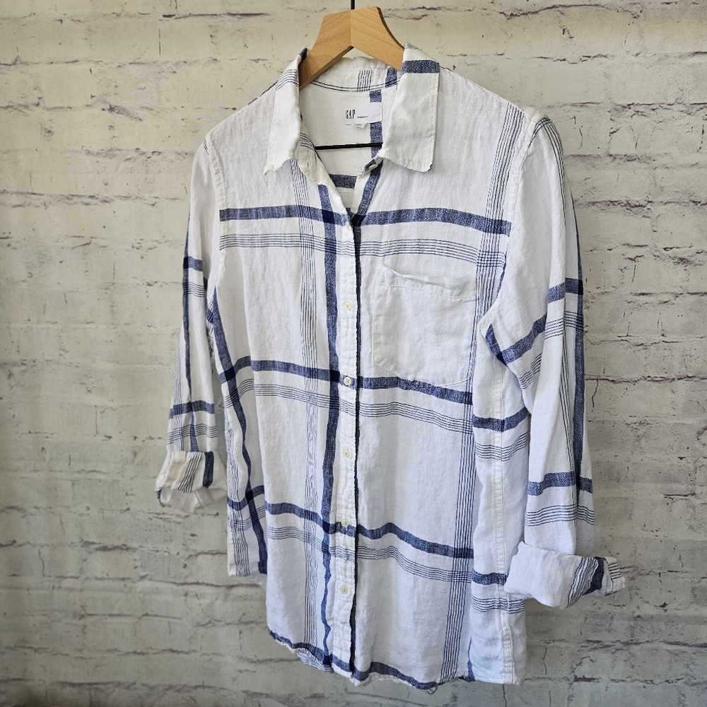 Gap Boyfriend Fit White Blue Plaid Linen Long Sleeve Button Up Shirt Medium - Picture 5 of 13
